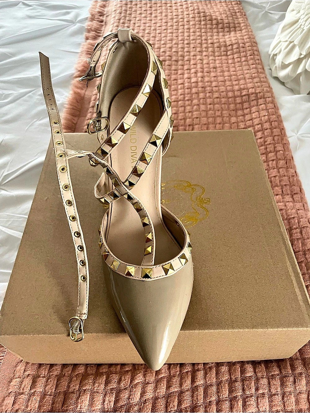 Wild Diva Adora-64 Studded Pointed-Toe Heels Beige